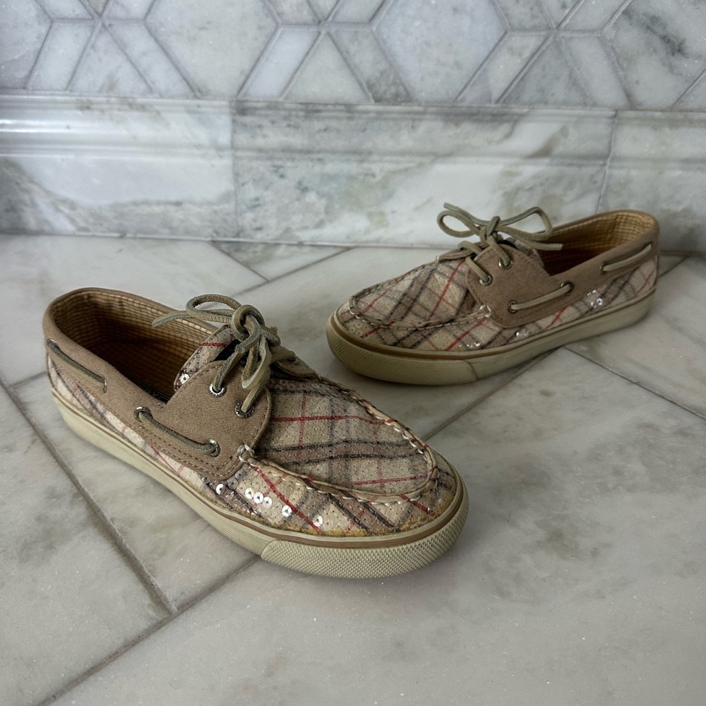 Size 7.5 Women’s Sperry Plaid Sequin Slip-On Sneakers